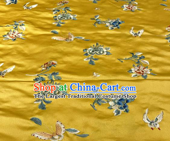 Chinese Traditional Qipao Dress Cloth Material Yellow Satin Tang Suit Drapery Classical Butterfly Flowers Pattern Silk Fabric