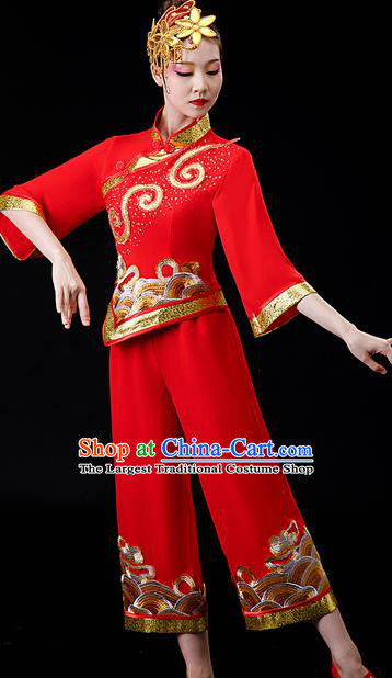 Chinese Women Square Performance Apparels Folk Dance Red Uniforms Traditional Fan Dance Garment Costumes New Year Yangko Dance Clothing