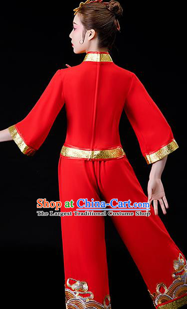 Chinese Women Square Performance Apparels Folk Dance Red Uniforms Traditional Fan Dance Garment Costumes New Year Yangko Dance Clothing