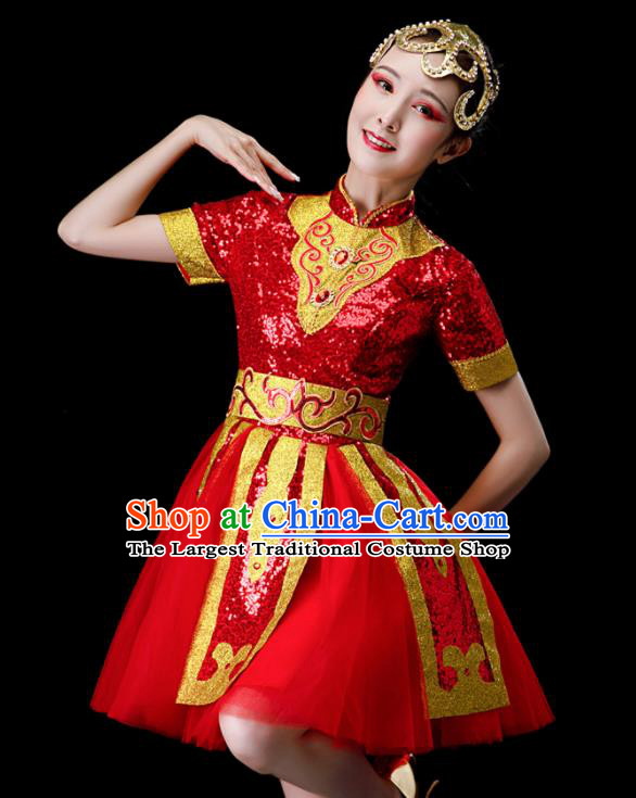 Professional Opening Dance Garment Women Group Drum Dance Fashion Chorus Performance Costume Modern Dance Red Dress