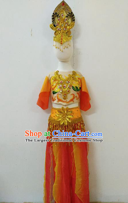 China Thousands Hands Guanyin Clothing Children Stage Performance Red Uniforms Classical Dance Fashion Dress Flying Fairy Dance Garment Costumes and Headpieces