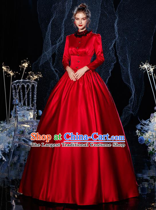 Top Christmas Garment Costume England Queen Formal Attire European Drama Performance Clothing Western Court Empress Red Satin Full Dress
