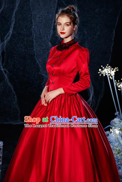 Top Christmas Garment Costume England Queen Formal Attire European Drama Performance Clothing Western Court Empress Red Satin Full Dress