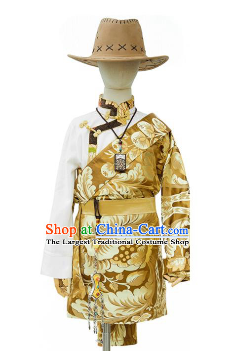 Chinese Zang Nationality Kid Solo Clothing Traditional Light Golden Brocade Tibetan Robe Ethnic Boys Performance Costume