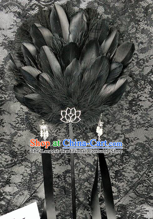 Chinese Swordsman Black Feather Fan Traditional Hanfu Palace Fan Handmade Princess Circular Fans Classical Dance Fan