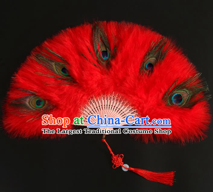Chinese Handmade Red Feather Fans Classical Dance Folding Fan Ancient Fairy Fan Traditional Hanfu Fan