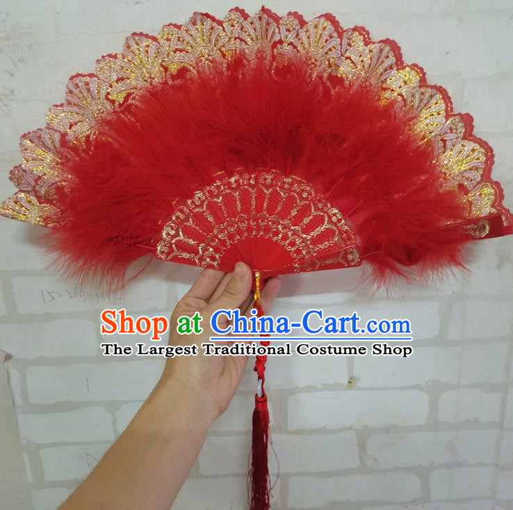 Chinese Folk Dance Folding Fan Martial Arts Performance Fan Traditional Kung Fu Fan Handmade Red Feather Lace Fans