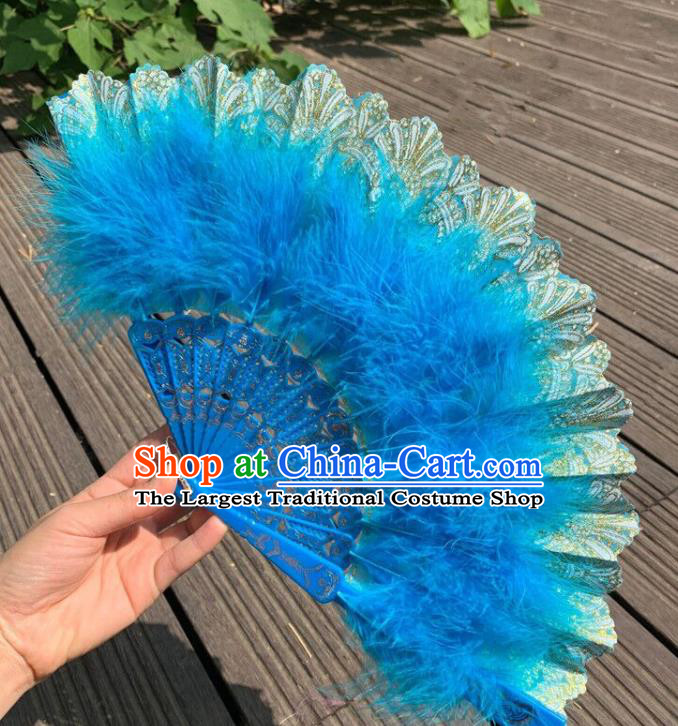 Chinese Blue Feather Folding Fan Kung Fu Fan Traditional Cheongsam Show Fan Handmade Folk Dance Fans