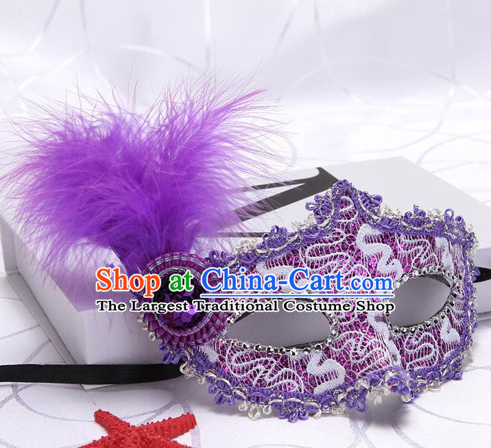 Handmade Halloween Fancy Ball Mask Stage Show Lace Accessories Cosplay Purple Feather Face Mask Masquerade Party Prop Headgear