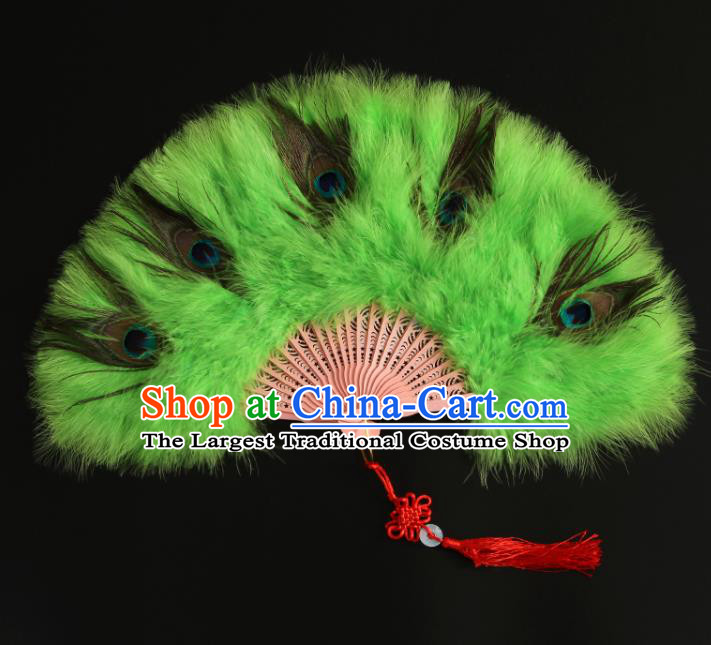 Chinese Traditional Hanfu Folding Fan Handmade Peacock Feather Fans Stage Show Fan Classical Dance Light Green Feather Fan