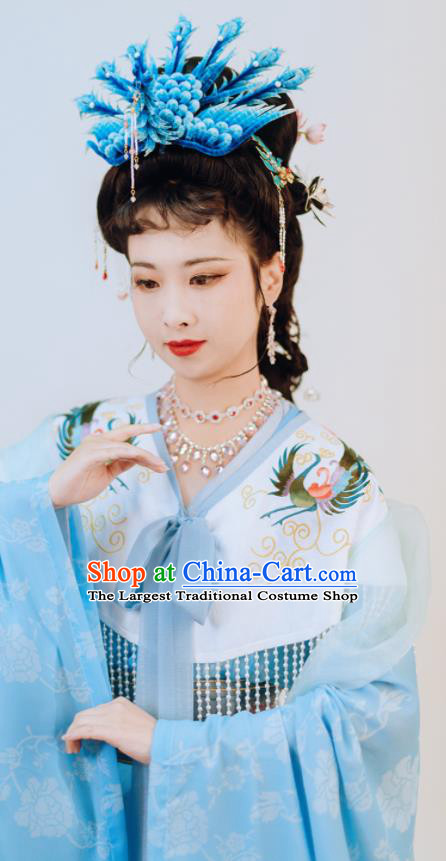 China Traditional Journey to the West Queen Blue Hanfu Dress Ancient Goddess Historical Clothing Tang Dynasty Empress Garment Costumes