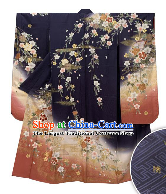 Japan Classical Flowers Pattern Furisode Kimono Clothing Wedding Bride Garment Costume Traditional Geisha Performance Navy Yukata Dress