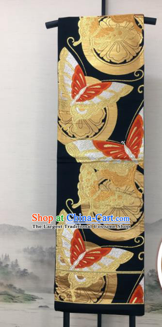 Japanese Traditional Yukata Robe Black Brocade Belt Classical Butterfly Pattern Wafuku Waistband Kimono Dress Corset Accessories