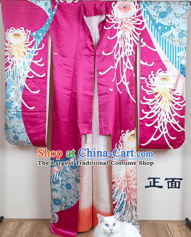 Japan Classical Chrysanthemum Pattern Furisode Kimono Clothing Royal Queen Garment Costume Traditional Rosy Silk Yukata Dress