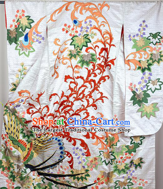 Japan Classical Phoenix Pattern Furisode Kimono Clothing Wedding Embroidered Uchikake Garment Costume Traditional White Silk Yukata Dress
