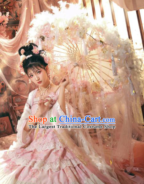 Handmade China Ancient Princess Umbrellas Pink Feather Umbrella Classical Dance Umbrella Cosplay Fairy Ribbon Tassel Umbrella