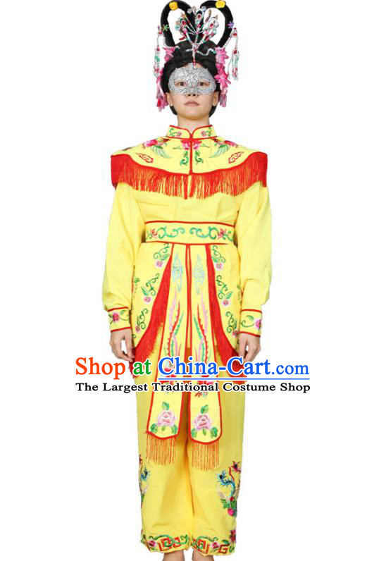 Chinese Chaoshan New Year Parade Garment Costumes Peking Opera Female Swordsman Yellow Uniforms Traditional Folk Dance Clothing