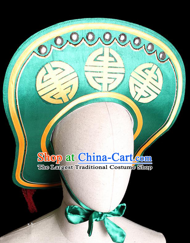 Chinese Beijing Opera Hero Lin Chong Headwear Ancient Swordsman Green Hat Peking Handmade Chaozhou Opera Soldier Headdress