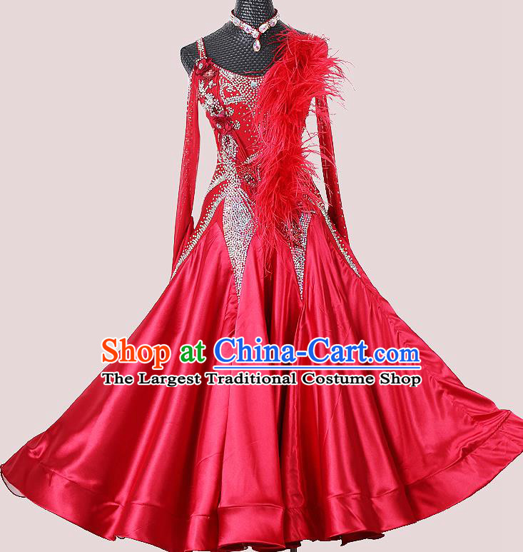 Professional Modern Dance Competition Clothing Woman Waltz Performance Garment Costume Ballroom Dance Wine Red Dress International Dance Fashion