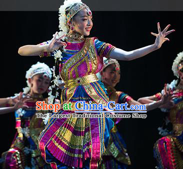 Chinese Yunnan Nationality Girl Folk Dance Clothing Minority Children Dress Uniforms Indian Dance Performance Garment Costumes