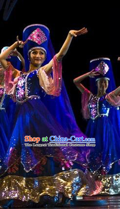 Chinese Tajik Nationality Female Group Dance Clothing Xinjiang Ethnic Dance Blue Dress Uniforms Tayikos Minority Performance Garment Costumes