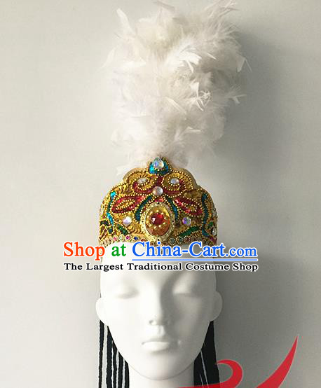 Top China Xinjiang Minority Female Feather Hat Ethnic Stage Performance Headwear Uyghur Nationality Folk Dance Hair Accessories