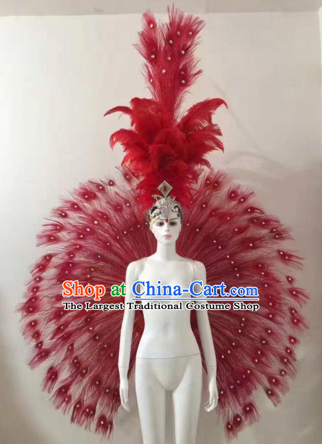 Custom Halloween Performance Red Feathers Wings Carnival Show Decorations Ceremony Catwalks Back Accessories Brazil Parade Props
