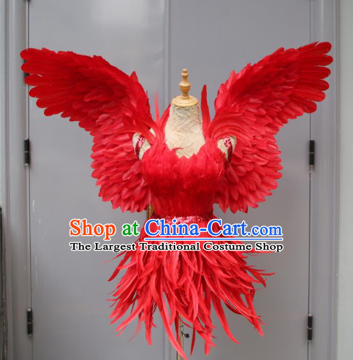 Top Samba Dance Red Feather Dress with Wings Miami Catwalks Costumes Stage Show Clothing Brazilian Carnival Garments