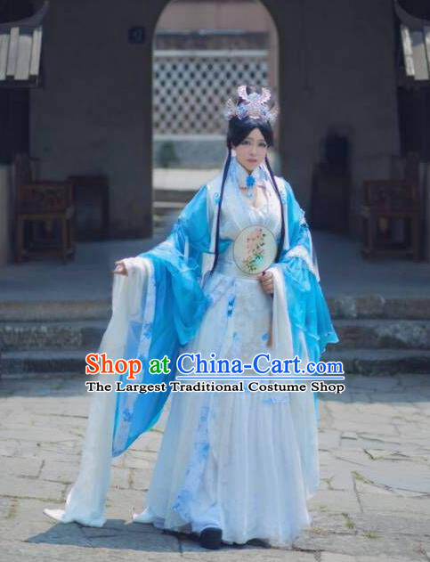 China Traditional Puppet Show Swordswoman Feng Cailing Garment Costumes Ancient Fairy Clothing Cosplay Princess Blue Dress Outfits
