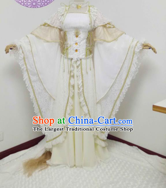 China Ancient Imperial Concubine Clothing Cosplay Goddess Beige Dress Outfits Traditional Puppet Show Empress Garment Costumes