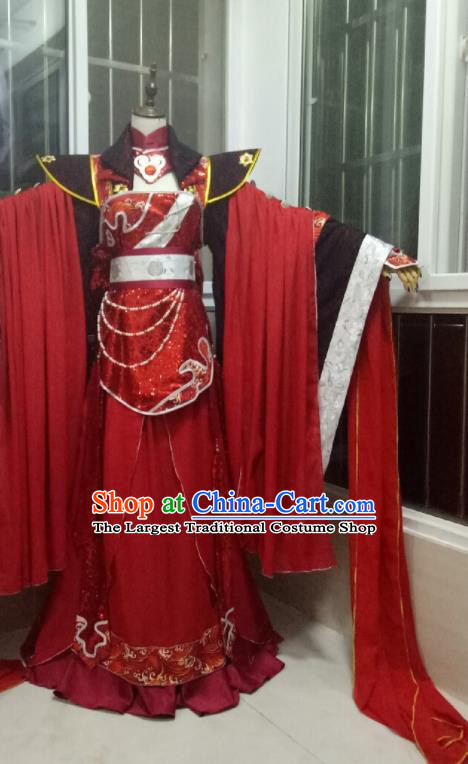 China Traditional Puppet Show Empress Garment Costumes Ancient Queen Clothing Cosplay Goddess Red Dress Outfits
