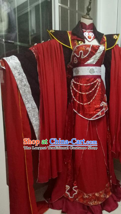 China Traditional Puppet Show Empress Garment Costumes Ancient Queen Clothing Cosplay Goddess Red Dress Outfits
