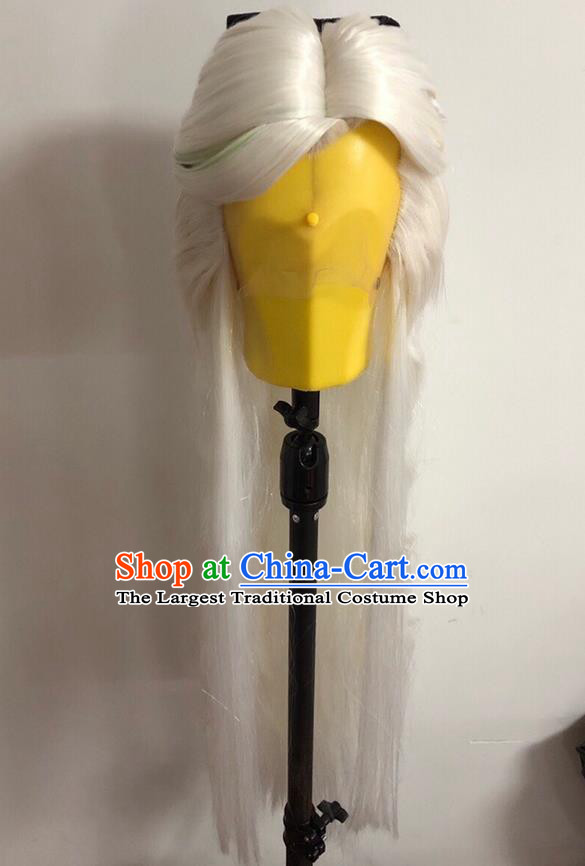 Chinese Traditional Puppet Show Murong Yanyu Hairpieces Cosplay Swordswoman White Wigs and Hairpins Ancient Fairy Princess Headdress