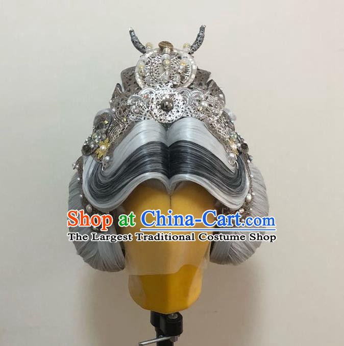 Chinese Cosplay Queen Mother Grey Wigs and Hair Crown Hairpieces Ancient Elderly Swordswoman Headdress Traditional Puppet Show Hair Accessories