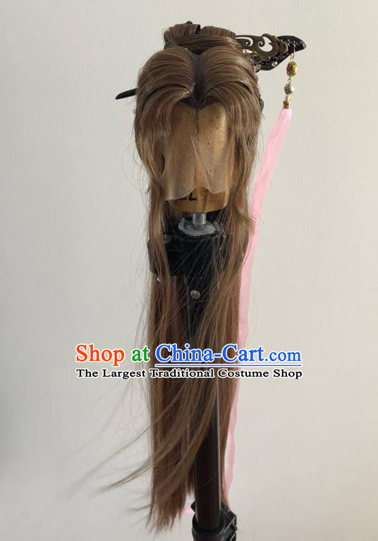Chinese Traditional Puppet Show Han Yancui Hair Accessories Cosplay Swordswoman Brown Wigs and Hairpins Hairpieces Ancient Taoist Nun Headdress