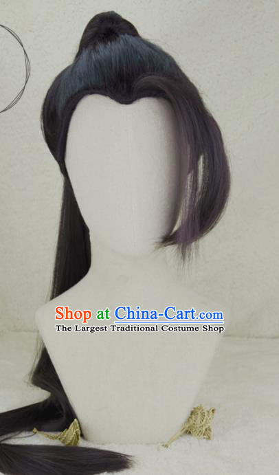 Handmade China Ancient Chivalrous Knight Headdress Cosplay Swordsman Black Long Wigs Traditional Hanfu Young Childe Hairpieces