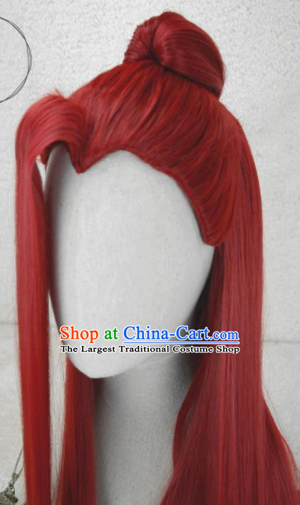 Chinese Traditional Swordswoman Hairpieces Cosplay Goddess Hair Accessories Ancient Young Lady Red Wigs Headwear