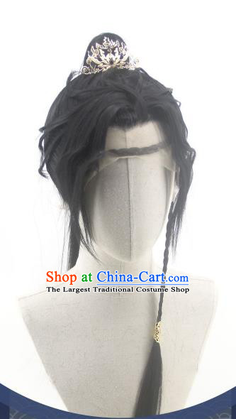 Handmade China Traditional Hanfu Knight Xiao Cean Hairpieces Ancient Young Swordsman Headdress Cosplay Royal Childe Black Curly Wigs