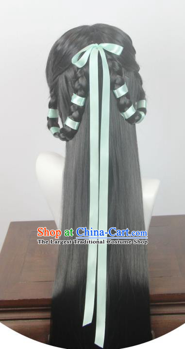 Chinese Ancient Swordswoman Braid Wigs Headwear Traditional Hanfu Qin Dynasty Young Beauty Hairpieces Cosplay Princess Hair Accessories
