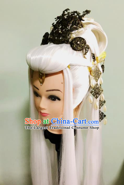 Handmade China Traditional Puppet Show Taoist Priest Mo Qingchi Hairpieces Ancient Swordsman Headdress Cosplay Emperor White Wigs and Hair Crown