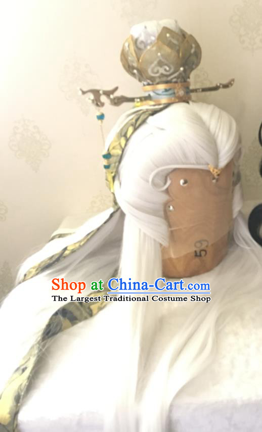 Handmade China Ancient Taoist Headdress Cosplay Swordsman White Wigs and Lotus Hair Crown Traditional Puppet Show Hairpieces