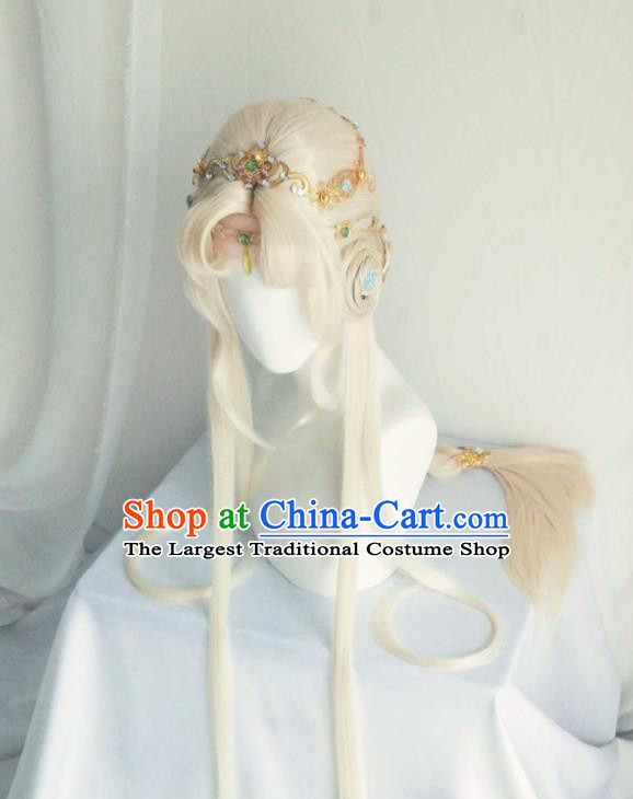 Chinese Cosplay Fairy Princess Hair Accessories Ancient Young Lady Light Golden Wigs Headwear Traditional Puppet Show Swordswoman Hairpieces