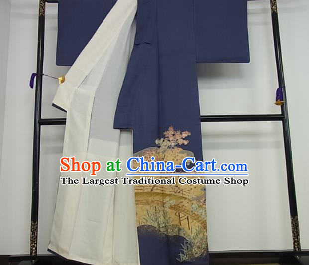 Japan Male Garment Costume Traditional Tsukesage Kimono Clothing Classical Maple Leaf Pattern Blue Yukata Robe