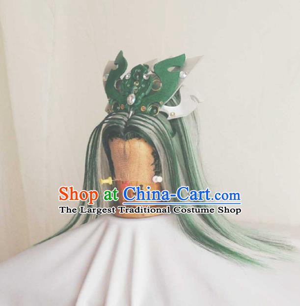 Handmade China Traditional Puppet Show Prince Hairpieces Ancient Royal King Headdress Cosplay Swordsman Green Wigs and Hair Crown