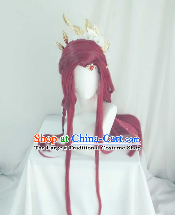 Chinese Cosplay Swordswoman Hair Accessories Ancient Queen Red Wigs and Hair Crown Headwear Traditional Puppet Show Fairy Hairpieces