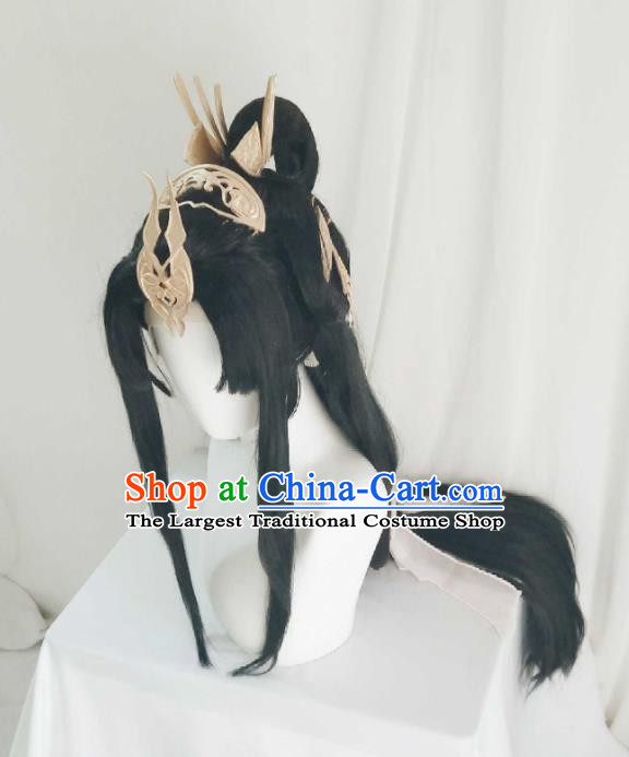 Chinese Traditional Fairy Princess Hairpieces Cosplay Swordswoman Hair Accessories Ancient Queen Black Wigs and Hair Crown Headwear