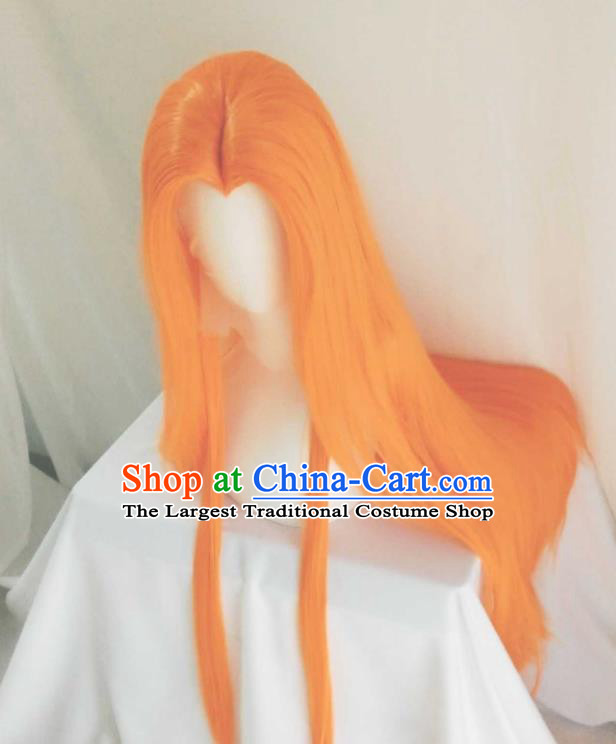 Handmade China Cosplay Swordsman Orange Wigs Traditional Puppet Show Young Hero Hairpieces Ancient Childe Headdress