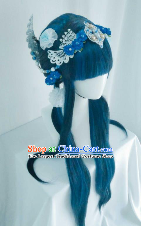 Chinese Ancient Goddess Blue Wigs Headwear Traditional Puppet Show Fairy Linglong Xuefei Hairpieces Cosplay Swordswoman Hair Accessories
