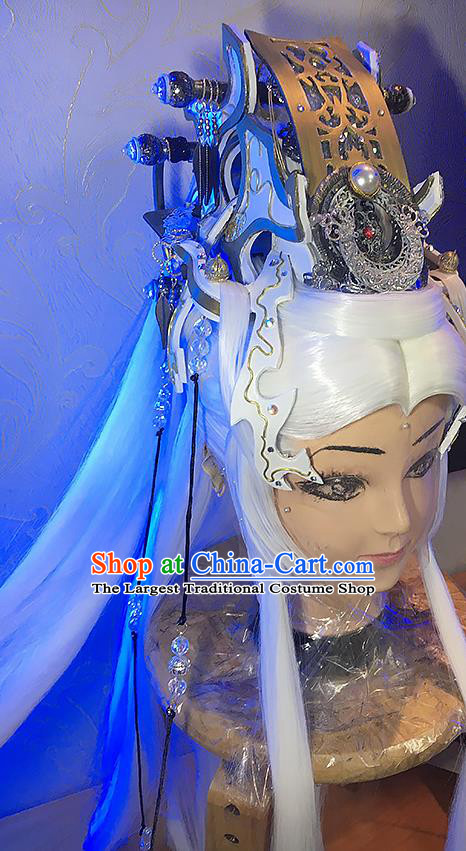 Handmade China Ancient Taoist Priest Headdress Cosplay Immortal White Wigs and Hair Crown Traditional Puppet Show Emperor Hairpieces
