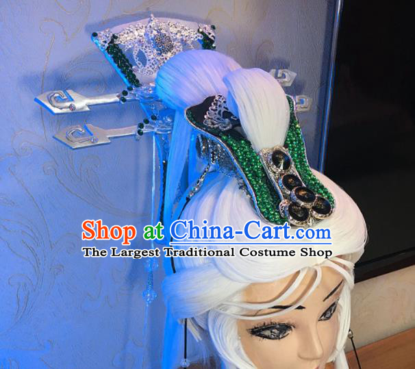 Handmade China Ancient Taoist Master Headdress Cosplay Swordsman White Wigs and Hair Crown Traditional Puppet Show King Hairpieces